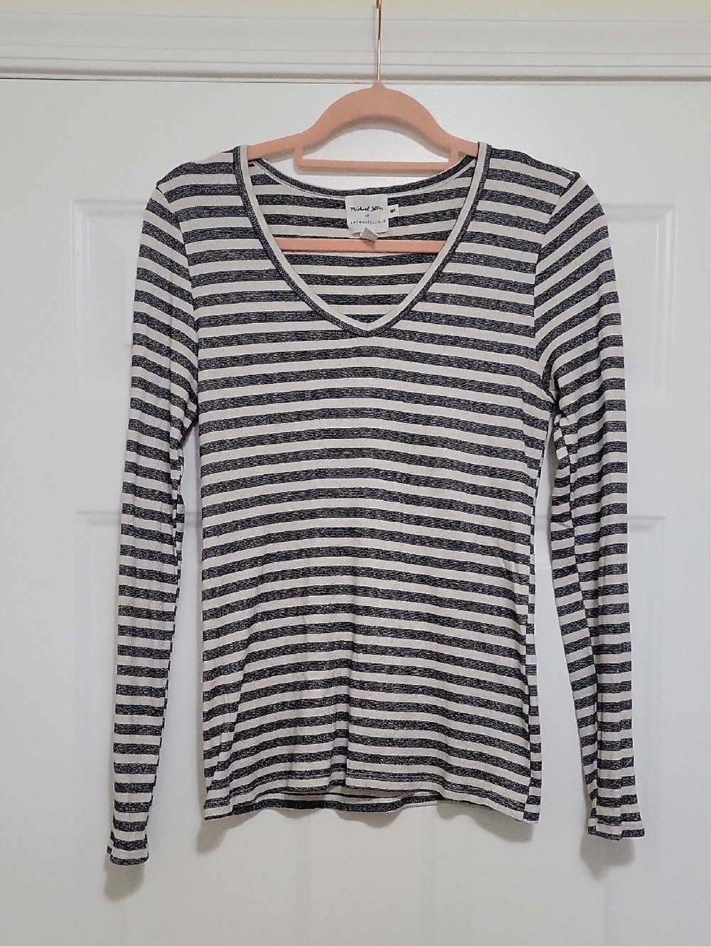 Michael Stars For Anthopology Black and White Striped V-Neck Long Sleeve Tee